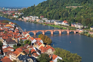 Heidelberg, Germany. Karl Theodor Bridge, commonly known as Old Bridge, across the Neckar river. The current bridge was constructed in 1788 by Elector Charles Theodore. - obrazy, fototapety, plakaty