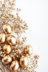 Fototapeta na wymiar Stylish Easter gold eggs with golden dried flax linum bunch, white background.