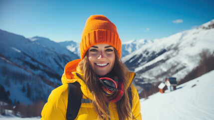 Fototapeta na wymiar Portrait of woman in alps. Ski vacation in skier uniform