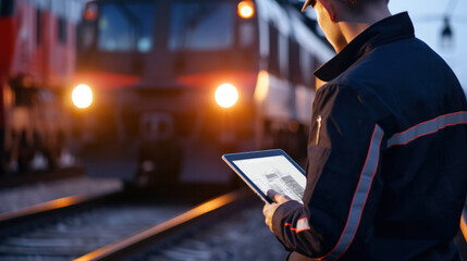 Inspector of wagons at freight train station looks in tablet computer. american railway man with tablet computer at freight train terminal