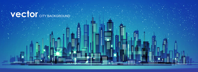 Cityscape background with glowing neon lights. Skyline city silhouettes - 707187259