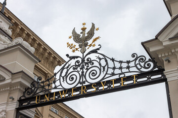 Warsaw, Poland. Entrance gate to the main campus of the Uniwersytet Warszawski (University of...