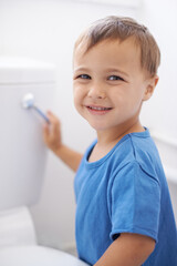 Boy child, flush toilet and potty training for smile, portrait or pride for development in family home. Kid, bathroom and hygiene with wellness, cleaning or water for waste, dirt or bacteria in house