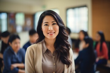 a photo portrait of a beautiful young female asian american school teacher standing in the classroom. students sitting and walking in the break. blurry background behind