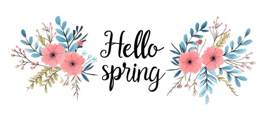 Floral spring greeting design with text and blossoms. Seasonal celebration.