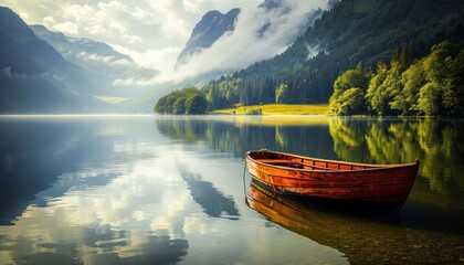 saanen fishing boat in a lake in the mountains.