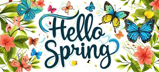 Fototapeta na wymiar Vibrant springtime greeting card design with butterflies and flowers. Seasonal celebration.