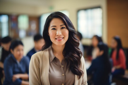 a photo portrait of a beautiful young female asian american school teacher standing in the classroom. students sitting and walking in the break. blurry background behind