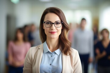 a photo portrait of a beautiful young female american school teacher standing in the classroom. students sitting and walking in the break. blurry background behind