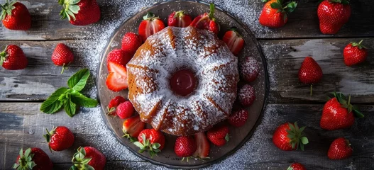 Fotobehang Freshly baked strawberry cake on rustic table. Homemade dessert and baking. © Postproduction
