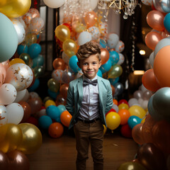 Fototapeta na wymiar Portrait of a cute little boy in a suit and bow tie posing on a background of colorful balloons