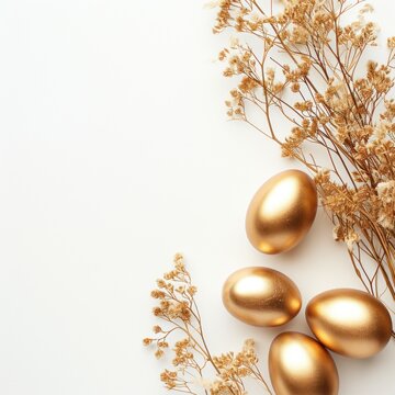 Stylish Easter gold eggs with golden dried flax linum bunch, white background.