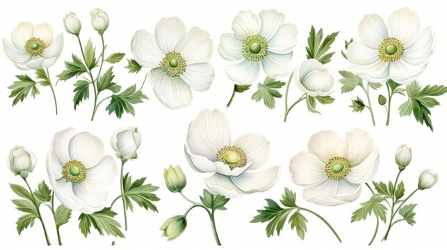 
Set of watercolor illustrations with white anemones and buds. Botanical illustration on white background for wedding, congratulations, wallpapers, fashion, backdrops, wrappers, print