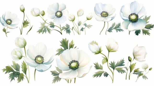
Set of watercolor illustrations with white anemones and buds. Botanical illustration on white background for wedding, congratulations, wallpapers, fashion, backdrops, wrappers, print