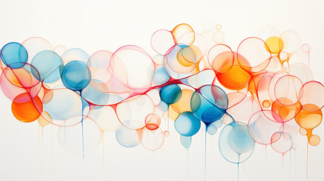 An abstract array of translucent bubbles in various sizes, filled with a spectrum of lively hues against a solid white canvas.