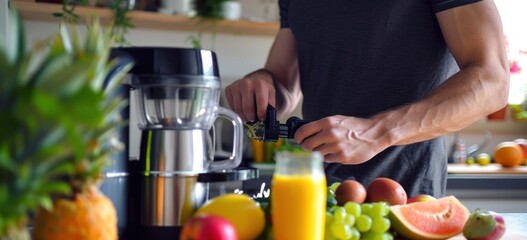 Man preparing fresh fruit juice using electric juicer in kitchen. Healthy eating and lifestyle.