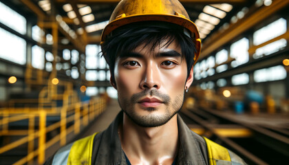 Ouvrier en usine avec casque jaune et tenue de travail, idéal pour illustrer le monde du travail, de l'industrie, de la sécurité  - obrazy, fototapety, plakaty
