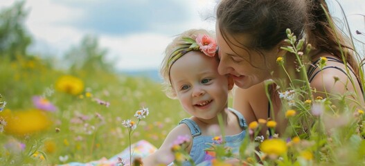 Mother and child enjoying time together in flower field. Family bonding.