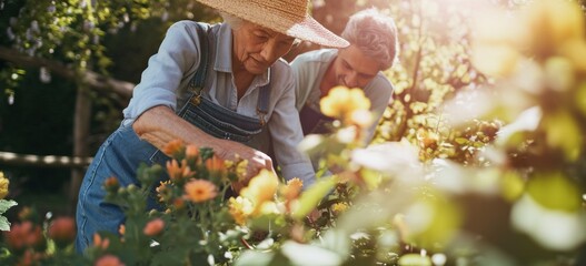 Elderly couple tending to garden flowers in sunlight. Aging together and leisure. - Powered by Adobe
