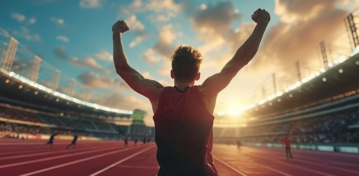 young athlete celebrating after crossing finish line at stadium.