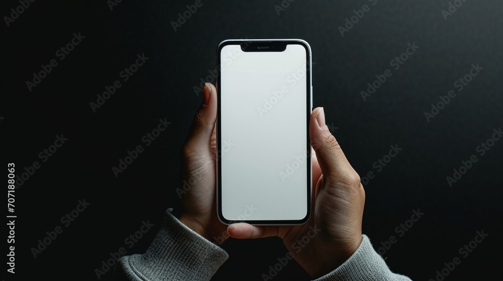 Wall mural  Frontal shot of a person holding a mobile mockup on a black and white background, the HD camera showcasing the device's screen and design details with clarity - Wall murals