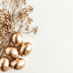 Stylish Easter gold eggs with golden dried flax linum bunch, white background.