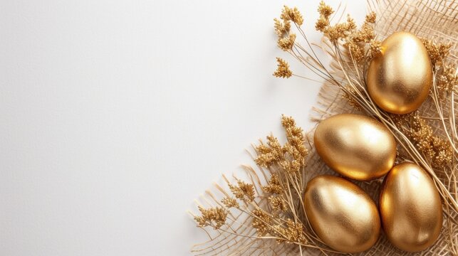 Stylish Easter gold eggs with golden dried flax linum bunch, white background. - Powered by Adobe