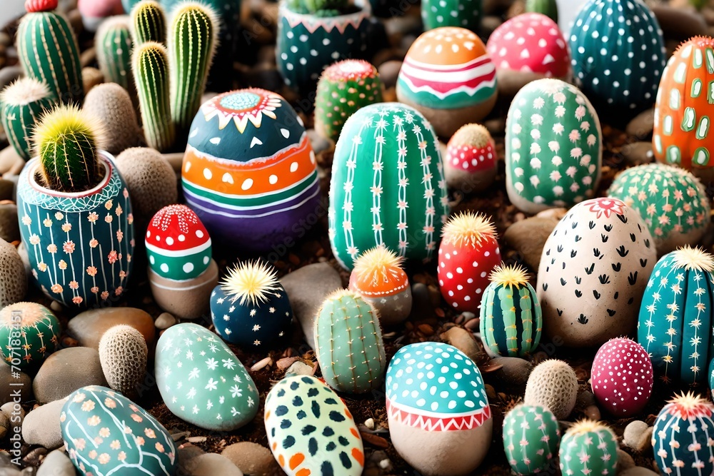 Poster a collection of diy painted rock cacti, designed with vibrant colors and patterns.