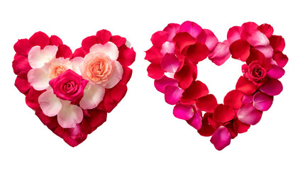 Close-up of 2 hearts made of red-pink rose petals on a transparent background, the concept for Valentine's Day, celebration, anniversary, birthday, love, and tenderness for women.