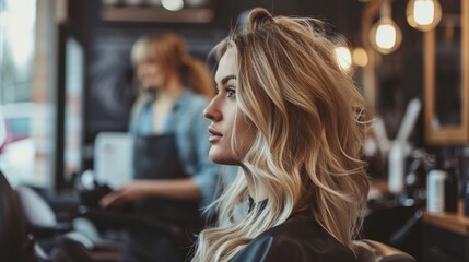 In the hair salon, a stunning blonde model gets a new haircut, hair color, and styling. conversing with the hairstylist while seated in the chair - obrazy, fototapety, plakaty