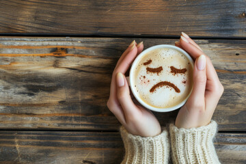 Woman hands holding coffee cup with sad face drawn on coffee. on wooden table background with copy...