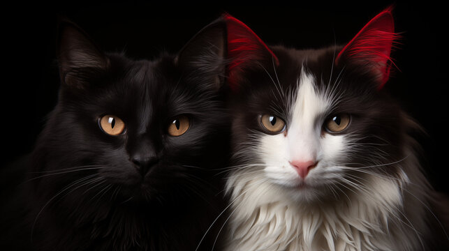 Pareja de gatos, uno blanco y otro negro mirando al frente