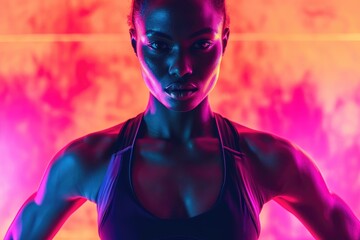 Determined fitness trainer in activewear, with a high-energy neon background