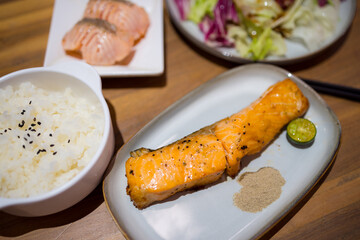 Grill salmon fillet in restaurant