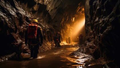 Group of People Walking Through a Cave