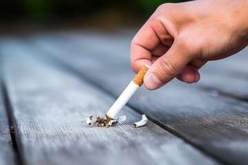 Male hand crushing cigarette, stop smoking, World No Tobacco Day