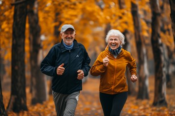 Fototapeta premium Smiling senior couple jogging in the park 