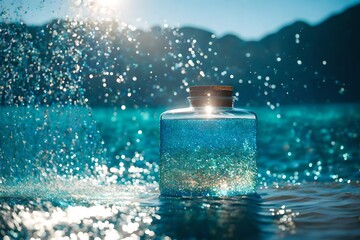 A homemade sensory bottle filled with glitter and sequins, capturing the essence of a calming ocean wave. - obrazy, fototapety, plakaty
