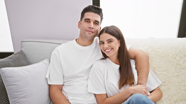 Couple cuddling on couch in a cozy living room, portraying love and a happy relationship in a homely atmosphere.