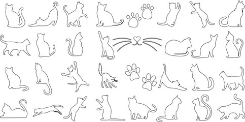 Minimalist cat line art, various poses of cats. Perfect for wall art, decorations, cat lovers. Elegance, feline grace captured. Sitting, standing, stretching, playing, relaxing cats. Paw prints