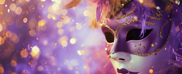 Mardi Gras masquerade mask on purple background with confetti and feathers