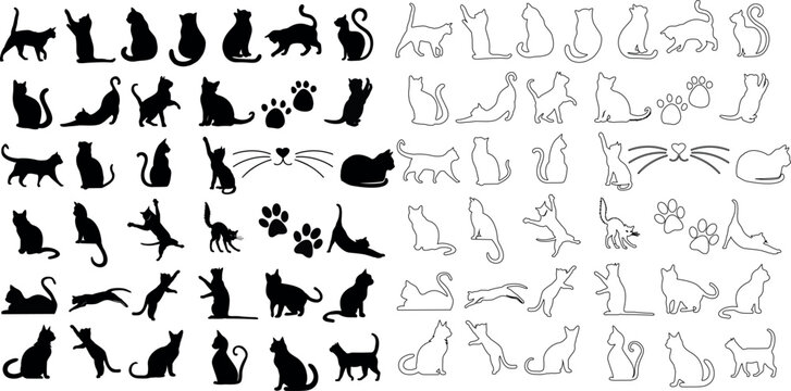 Cat silhouettes, diverse poses, black and outline drawings. Perfect for pet lovers, cat related content. detailed drawings of cats in various poses sitting, standing, walking, jumping, sleeping