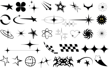 Y2K aesthetic elements, black icons on white . Stars, arrows, planets symbols for retro futuristic designs. Perfect for web, digital art, 90s nostalgia projects. Checkerboard pattern, hearts, flowers