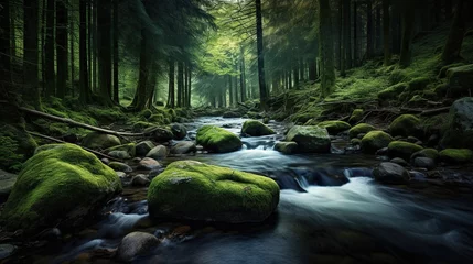 Foto auf Leinwand river with mossy rocks in the middle of a tropical forest © nomesart