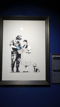 Stockholm, Sweden, December 29 2023. Art exhibition. The mystery of Banksy A genius mind. Search.