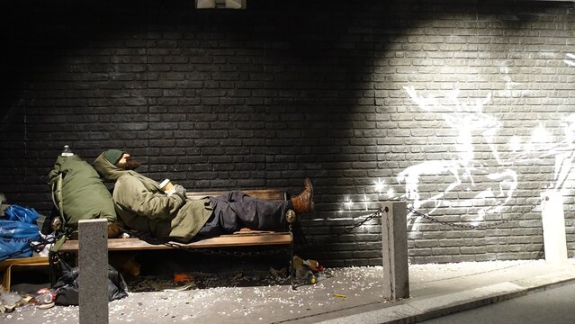 Stockholm, Sweden, December 29 2023. Art exhibition. The mystery of Banksy A genius mind. Sleeping.