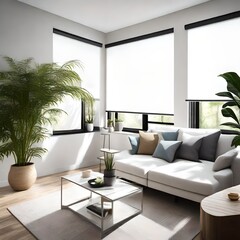 Interior roller blinds are installed in the living room, featuring white colored roller shades on the windows. Within the same room, there are also a houseplant and a sofa present