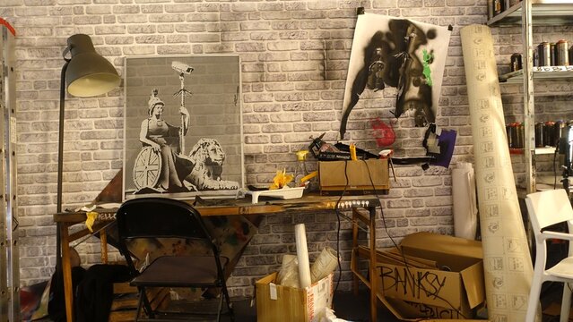 Stockholm, Sweden, December 29 2023. Art exhibition. The mystery of Banksy A genius mind. Studio.