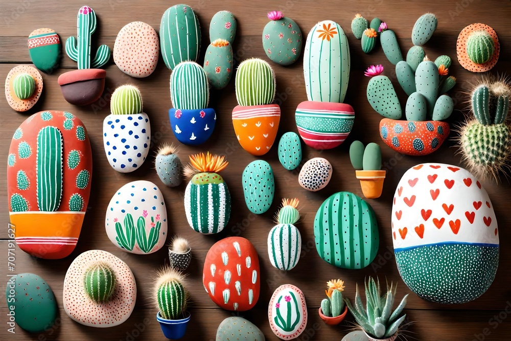 Poster a collection of diy painted rock cacti, designed with vibrant colors and patterns.