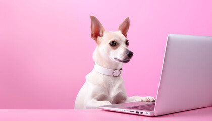 A white dog is working on a laptop on a pink background
